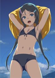 Rule 34 | 1girl, armpits, arms up, bikini, black bikini, black hair, blue eyes, blue sky, cloud, commentary request, cowboy shot, day, flat chest, hair ornament, hairclip, long hair, looking at viewer, low twintails, navel, open mouth, original, outdoors, shirt, sky, sody, solo, swimsuit, twintails, undressing, very long hair, yellow shirt