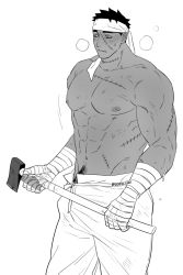 Rule 34 | 1boy, abs, axe, balnom, bandaged hand, bandages, bara, blush, breath, feet out of frame, greyscale, headband, highres, holding, holding axe, large pectorals, male focus, monochrome, muscular, muscular male, navel, navel hair, nipples, original, pants, pectorals, scar, scar on chest, short hair, sideburns, solo, stitches, stomach, sweat, topless male