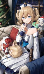 Rule 34 | 3girls, ahoge, barbara (genshin impact), bare shoulders, blonde hair, blush, book, bow, bowtie, child, christmas, christmas tree, closed eyes, couch, detached collar, dress, ebiri fy, elf, genshin impact, hat, highres, indoors, klee (genshin impact), lap pillow, looking at viewer, multiple girls, on couch, paimon (genshin impact), pillow, pointy ears, santa hat, sitting, sleeping, slime (genshin impact), smile, twintails, white dress, white hair, white legwear, window