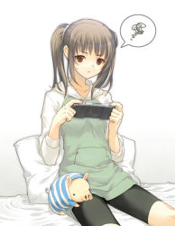 Rule 34 | 1girl, bike shorts, brown eyes, brown hair, capcom, dasoku sentarou, handheld game console, monster hunter (series), original, pig, playing games, playstation portable, poogie, shorts, sitting, solo, spoken squiggle, squiggle, twintails, video game