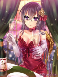 Rule 34 | 1girl, alcohol, angelmaster, black hair, breasts, champagne, cleavage, dress, gift, glass, hair ornament, holding, large breasts, long hair, looking at viewer, neme, official art, original, purple eyes, red dress, smile, solo