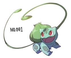 Rule 34 | blurry, bright pupils, bulbasaur, claws, commentary request, creatures (company), fangs, game freak, gen 1 pokemon, looking to the side, morio (poke orio), nintendo, no humans, open mouth, plant, pokedex number, pokemon, pokemon (creature), red eyes, simple background, solo, standing, tongue, vines, white background, white pupils