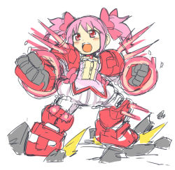 Rule 34 | &gt;:o, 1girl, :o, armor, dress, fighting stance, fusion, gundam, gundam age, gundam age-1, gundam age-1 titus, kaname madoka, magical girl, mahou shoujo madoka magica, mahou shoujo madoka magica (anime), mecha musume, mechanical arms, mechanical legs, open mouth, parody, pink eyes, pink hair, red eyes, shigehiro (hiroi heya), short hair, short twintails, simple background, sketch, solo, standing, twintails, v-shaped eyebrows, white background