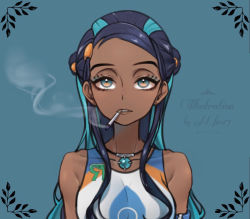 Rule 34 | 1girl, armlet, black hair, blue hair, breasts, cigarette, collarbone, commentary request, creatures (company), dark-skinned female, dark skin, echizen (n fns17), eyelashes, eyeshadow, game freak, green background, gym leader, half-closed eyes, jewelry, long hair, makeup, mouth hold, multicolored hair, necklace, nessa (pokemon), nintendo, pokemon, pokemon swsh, smoke, smoking, solo, two-tone hair, upper body