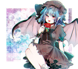 Rule 34 | 1girl, alternate color, ankle socks, back bow, bat wings, black bow, black bowtie, black corset, black hat, black shirt, black skirt, blue hair, bow, bowtie, collared shirt, corset, fangs, feet out of frame, floral background, flower, frilled hat, frilled shirt collar, frilled skirt, frilled sleeves, frills, gem, hat, hat bow, holding, holding flower, looking at viewer, medium hair, miniskirt, mob cap, open mouth, pointy ears, puffy short sleeves, puffy sleeves, red eyes, red flower, red gemstone, red rose, remilia scarlet, ribbon-trimmed collar, ribbon-trimmed skirt, ribbon trim, rose, shirt, short sleeves, sitting, skirt, skirt set, sleeve bow, smile, socks, solo, sparkling eyes, suzune hapinesu, touhou, white background, white socks, wings