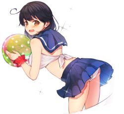Rule 34 | 10s, 1girl, adapted costume, ahoge, ball, bare shoulders, beachball, black hair, blush, breasts, brown eyes, embarrassed, from side, hair between eyes, hair over shoulder, highres, imoden, kantai collection, large breasts, leaning forward, looking at viewer, midriff, miniskirt, neckerchief, open mouth, panties, pantyshot, sailor collar, skirt, solo, thighs, underwear, upskirt, ushio (kancolle), white panties, wrist cuffs