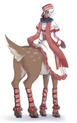 Rule 34 | 1girl, 4138, animal ears, bad id, bad pixiv id, bandaged leg, bandages, blue scarf, brown gloves, centauroid, clothing request, commentary request, deer ears, deer tail, dress, frilled dress, frills, from behind, full body, gloves, highres, long sleeves, monster girl, original, plaid, plaid scarf, poncho, red headwear, red scarf, sash, scarf, shadow, short hair, sidelocks, silver hair, simple background, solo, tail, tassel, taur, white background, white dress, yellow eyes