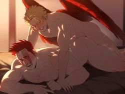 Rule 34 | 2boys, abs, anal, arm hair, ass, bara, blonde hair, blue eyes, boku no hero academia, brown eyes, chest hair, earrings, endeavor (boku no hero academia), facial hair, hawks (boku no hero academia), highres, jewelry, large pectorals, leg hair, male focus, male penetrated, mature male, multiple boys, muscular, muscular male, navel, nude, open mouth, pectorals, red hair, riffraffhellyea, scar, scar on face, sex, sex from behind, short hair, stubble, sweat, sweatdrop, wings, yaoi