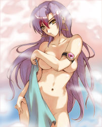Rule 34 | 1girl, banpresto, breast hold, breasts, character request, covering privates, covering breasts, earrings, hand on own hip, hip focus, hisahiko, jewelry, large breasts, long hair, navel, nude, nude cover, purple hair, shijou saya, solo, super robot gakuen, super robot wars, towel, very long hair, yellow eyes