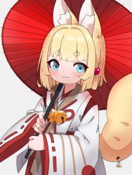Rule 34 | 1girl, absurdres, animal ear fluff, animal ears, bell, blonde hair, blue eyes, blush, closed mouth, commentary request, fox ears, fox girl, fox tail, grey background, highres, holding, holding umbrella, japanese clothes, jingle bell, kimono, kuro kosyou, long sleeves, looking at viewer, oil-paper umbrella, original, red umbrella, ribbon-trimmed sleeves, ribbon trim, short eyebrows, simple background, sleeves past wrists, smile, solo, tail, thick eyebrows, umbrella, white kimono, wide sleeves