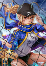Rule 34 | 1girl, ahoge, artoria pendragon (fate), baseball cap, black hat, black shorts, blonde hair, blue eyes, blue jacket, blue scarf, chain-link fence, closed mouth, commentary, english commentary, excalibur (fate/stay night), fate/grand order, fate (series), fence, hair through headwear, hat, holding, holding sword, holding weapon, jacket, looking to the side, magion02, mysterious heroine x (fate), open clothes, open jacket, ponytail, scarf, shirt, shorts, solo, sword, touching hat, track jacket, weapon, white shirt