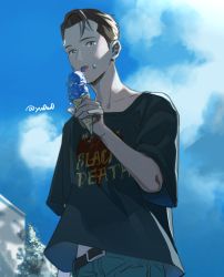 Rule 34 | 1boy, artist name, bad id, bad pixiv id, black hair, black shirt, casual, cloud, connor (detroit), day, detroit: become human, eating, food, food on face, holding, holding food, ice cream cone, licking, looking at viewer, male focus, outdoors, pants, shirt, short sleeves, solo, t-shirt, tongue, tongue out, tree, yukowa (kari)