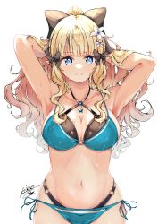 Rule 34 | 1girl, absurdres, aqua bikini, bikini, black bow, blonde hair, blue eyes, blush, bow, breasts, cleavage, elf, hair bow, hair ornament, highres, keinesandayoooo, large breasts, layered bikini, long hair, looking at viewer, pointy ears, princess connect!, saren (princess connect!), saren (summer) (princess connect!), simple background, smile, solo, swimsuit, white background