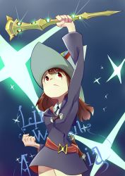Rule 34 | 10s, 1girl, absurdres, brown hair, copyright name, english text, hat, highres, kagari atsuko, little witch academia, long hair, red eyes, shirowa, solo, wand, witch, witch hat