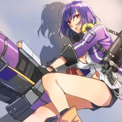 Rule 34 | 10s, 1girl, breasts, cleavage, gloves, god eater, god eater resonant ops, kisaragi sera, large breasts, looking at viewer, multicolored hair, navel, purple hair, red eyes, weapon