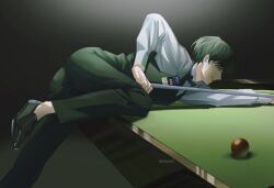 Rule 34 | 1boy, ass, ass focus, ball, billiard ball, billiards, black background, black bow, black bowtie, black eyes, black hair, black pants, black vest, bow, bowtie, collared shirt, cue stick, denxu0, highres, holding cue stick, kim dokja, leg up, long sleeves, looking to the side, male focus, omniscient reader&#039;s viewpoint, on table, pants, pool table, shirt, short hair, smile, table, vest