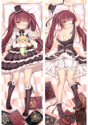 Rule 34 | ass, bed, billie (meng gong fang), black footwear, black socks, bloomers, blunt bangs, blush, book, breasts, brown hair, dakimakura (medium), doll, dress, eyepatch, frilled dress, frills, full body, gothic lolita, hanazono yurine, hat, jashin-chan, jashin-chan dropkick, kneehighs, lolita fashion, long hair, looking back, lying, mary janes, multiple views, on bed, on stomach, pillow, red eyes, shoes, shoulder blades, small breasts, socks, twintails, underwear, unmoving pattern, white bloomers