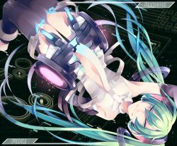 Rule 34 | 1girl, arm up, bad id, bad pixiv id, center opening, character name, elbow gloves, gloves, green hair, hatsune miku, hatsune miku (append), highres, long hair, navel, necktie, oniyama831, solo, thighhighs, twintails, very long hair, vocaloid, vocaloid append