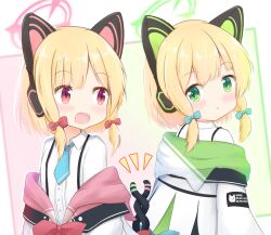 Rule 34 | 2girls, animal ear headphones, animal ears, back-to-back, blonde hair, blue archive, blue bow, blue necktie, blush, bow, cat ears, cat tail, closed mouth, collared shirt, commentary request, commission, fake animal ears, fake tail, green eyes, green halo, halo, headphones, highres, intertwined tails, jacket, low-tied sidelocks, midori (blue archive), momoi (blue archive), multiple girls, nagakaze tobaru, necktie, off shoulder, open clothes, open jacket, open mouth, pink bow, pink eyes, pink halo, school uniform, shirt, short hair, short necktie, siblings, sisters, skeb commission, suspenders, tail, teeth, twins, upper body, upper teeth only, white shirt