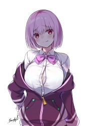 Rule 34 | 10s, 1girl, absurdres, bee doushi, blush, bow, breasts, closed mouth, collared shirt, commentary request, dress, dress shirt, gridman universe, hair between eyes, hand on own hip, head tilt, highres, jacket, large breasts, long sleeves, pink bow, pink hair, purple jacket, red eyes, shinjou akane, shirt, signature, simple background, sleeves past wrists, solo, ssss.gridman, upper body, white background, white dress