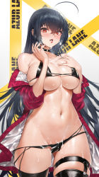 Rule 34 | 1girl, ahoge, azur lane, bikini, black bikini, black choker, black hair, black thighhighs, breasts, choker, commentary request, copyright name, cum, cum in mouth, cum on body, cum on lower body, cum on tongue, cum on upper body, cum string, duan henglong, hair between eyes, highres, large breasts, long hair, looking at viewer, navel, official alternate costume, open mouth, red eyes, solo, swimsuit, taihou (azur lane), taihou (enraptured companion) (azur lane), thighhighs