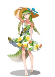 Rule 34 | absurdres, bare arms, bare legs, bare shoulders, blue bow, blush, bow, braid, collarbone, commission, dress, floral print, glasses, green eyes, green hair, haigoma, hand on headwear, hat, hat bow, highres, kemono friends, kemono friends 3, leaf print, lizard tail, long hair, looking at viewer, official alternate costume, reptile girl, sandals, skeb commission, spaghetti strap, spectacled caiman (kemono friends), sun hat, sundress, tail, twin braids, white dress, white footwear