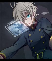 Rule 34 | 1boy, aldnoah.zero, antenna hair, belt, belt buckle, black belt, blonde hair, blue background, blue eyes, blue jacket, blue sleeves, buckle, buttons, collar, collared jacket, commentary request, hair over one eye, heavy breathing, high collar, holographic interface, jacket, letterboxed, long sleeves, male-female symbol, military uniform, open mouth, red collar, short hair, simple background, slaine troyard, solo, sweat, uniform, upper body, usamata, wavy mouth