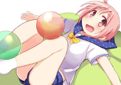 Rule 34 | 1girl, ahoge, ball, blue sailor collar, blue shorts, blush, commentary request, looking at viewer, lying, nonohara yuzuko, on back, open mouth, outstretched arms, pink eyes, pink hair, sailor collar, school uniform, school uniform (yuyushiki), serafuku, short hair, shorts, smile, solo, spread arms, tatsunokosso, white background, yellow neckwear, yuyushiki