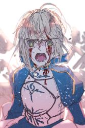 Rule 34 | 1girl, :o, ahoge, armor, armored dress, artoria pendragon (all), artoria pendragon (fate), blood, blood on chest, blood on clothes, blood on face, blue ribbon, braid, breastplate, cowboy shot, dress, fate/stay night, fate (series), french braid, green eyes, highres, juliet sleeves, long sleeves, looking at viewer, open mouth, puffy sleeves, ribbon, roku (ntbr fate), saber (fate), shaded face, short hair, solo, white background