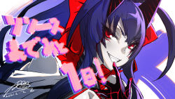 Rule 34 | 1girl, another dark mai, antenna hair, blazblue, blazblue alternative: dark war, blue hair, bow, breasts, cape, cleavage, colored skin, dark persona, dated, evil grin, evil smile, facial tattoo, grey skin, grin, halterneck, highres, horns, large breasts, mai natsume, official art, ponytail, red bow, red eyes, smile, solo, tattoo, white cape
