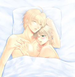 Rule 34 | 10s, 2boys, aftersex, ahoge, akatsuki3, antenna hair, arthur pendragon (fate), bad id, bad pixiv id, bare shoulders, bed, bed sheet, blonde hair, blush, covering privates, closed eyes, fate/extra, fate/prototype, fate (series), from above, gawain (fate), green eyes, hair over one eye, hug, lying, male focus, multiple boys, nude, nude cover, on back, on side, open mouth, pillow, short hair, sleeping, under covers, yaoi
