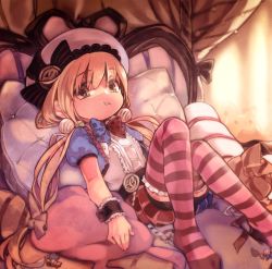 Rule 34 | 10s, 1girl, :t, belt, beret, blonde hair, bloomers, bow, bowtie, brown eyes, candy, eyebrows, eyes visible through hair, food, frilled thighhighs, frills, futaba anzu, hair bobbles, hair ornament, hair over eyes, hat, idol, idolmaster, idolmaster cinderella girls, long hair, looking at viewer, low twintails, no shoes, on bed, parted lips, pillow, puffy short sleeves, puffy sleeves, shirt, short sleeves, sitting, solo, striped clothes, striped thighhighs, stuffed animal, stuffed rabbit, stuffed toy, thighhighs, twintails, underwear, very long hair, white hat, white shirt, wrapped candy, wrist cuffs, zorim