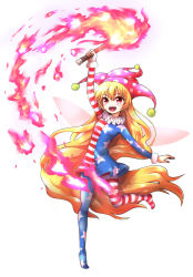 Rule 34 | 1girl, absurdly long hair, american flag dress, american flag legwear, arm up, blonde hair, clownpiece, dress, fairy wings, fire, full body, fur trim, hat, highres, jester cap, long hair, long sleeves, naegi (naegidokoro), neck ruff, open mouth, pantyhose, polka dot, red eyes, short dress, simple background, sky, solo, star (symbol), star print, striped clothes, striped dress, striped pantyhose, torch, touhou, touhou sangetsusei, very long hair, white background, wings
