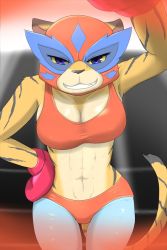 Rule 34 | 1girl, artist request, blue eyes, boxing gloves, breasts, cheetah, female focus, furry, furry female, grin, mask, smile, solo