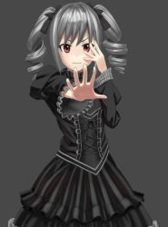Rule 34 | 10s, 1girl, black dress, black ribbon, closed mouth, commentary request, dress, drill hair, foreshortening, gothic lolita, gown, grey background, hair ribbon, hand over eye, idolmaster, idolmaster cinderella girls, kanzaki ranko, lolita fashion, monochrome background, open hands, outstretched arm, outstretched hand, puffy sleeves, red eyes, ribbon, silver hair, simple background, solo, twin drills, twintails, upper body, wasabi60
