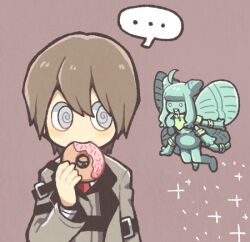 Rule 34 | ..., 1boy, 1girl, @ @, ahoge, brown background, brown hair, brown jacket, brown vest, colored skin, commentary request, doughnut, drooling, e.g.o (project moon), eating, employee (project moon), extra arms, fairy, fairy festival, food, green hair, green skin, grey eyes, hatake shimeji, holding, holding food, jacket, lobotomy corporation, long sleeves, lowres, mouth drool, necktie, no nose, o o, open clothes, open jacket, open mouth, project moon, red necktie, shirt, short hair, simple background, sparkle, spoken ellipsis, upper body, vest, white shirt, wings