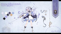 Rule 34 | 1girl, absurdres, black gloves, blue eyes, breasts, character name, copyright name, dress, flower, full body, gloves, grey hair, hair flower, hair ornament, highres, holding, holding weapon, lily amadahy, long hair, long sleeves, petals, pixiv fantasia, pixiv fantasia scepter of zeraldia, small breasts, so tsubasa, solo, standing, very long hair, weapon, white dress, white footwear