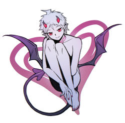Rule 34 | 1boy, absurdres, ahoge, alternate eye color, alternate hair color, collarbone, commentary request, completely nude, danganronpa (series), danganronpa 2: goodbye despair, demon boy, demon horns, demon tail, demon wings, grey hair, heart, highres, hinata hajime, horns, looking at viewer, male focus, nail polish, nude, pointy ears, red eyes, red horns, red nails, short hair, smile, solo, tail, tattoo, toenail polish, toenails, white background, wings, ziling