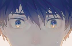 Rule 34 | 1boy, blue eyes, blue hair, close-up, cmpovar, commentary, crying, english commentary, eye focus, eye reflection, hair between eyes, highres, kaze ga tsuyoku fuiteiru, kurahara kakeru, looking at viewer, male focus, reflection, simple background, solo, streaming tears, tearing up, tears