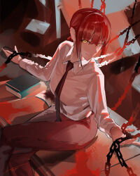 Rule 34 | 1girl, absurdres, black necktie, braid, braided ponytail, chain, chainsaw man, collared shirt, crossed legs, desk, highres, looking at viewer, makima (chainsaw man), medium hair, necktie, on desk, red hair, red theme, ringed eyes, seies ss, shirt, shirt tucked in, sidelocks, signature, sitting, on desk, smile, solo, white shirt, yellow eyes