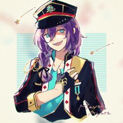 Rule 34 | 1boy, ayase mayoi, black gloves, black hat, black jacket, blue background, blue shirt, braid, ensemble stars!, gloves, hand on own chest, hat, highres, jacket, long hair, male focus, mole, mole under mouth, multicolored background, nig 18, open mouth, peaked cap, purple hair, sharp teeth, shirt, smile, solo, star (symbol), teeth, white background