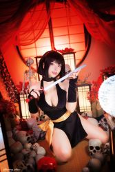 Rule 34 | 1girl, absurdres, bare legs, bare shoulders, black hair, blush, breasts, cosplay, dress, hairband, highres, holding, holding sword, holding weapon, inuyasha, lips, looking at viewer, medium breasts, model request, no bra, photo (medium), red eyes, revealing clothes, sakasagami no yura, sakasagami no yura (cosplay), short dress, skull, smile, sword, weapon, wide hips