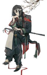Rule 34 | 1boy, black coat, black hair, black pants, black shirt, blunt ends, chinese clothes, coat, fate/grand order, fate (series), hanfu, head rest, highres, holding, holding rod, holding weapon, light smile, long sleeves, looking at viewer, male focus, mimulishizi, one eye closed, pants, rod, sandals, sheath, sheathed, shirt, simple background, solo, striped clothes, striped pants, tai gong wang (fate), tassel, weapon, white background, yellow eyes