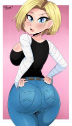 Rule 34 | 1girl, android 18, ass, blonde hair, blue eyes, blush, bmayyne, breasts, denim, dragonball z, earrings, from behind, highres, huge ass, jeans, jewelry, large breasts, looking at viewer, looking back, open mouth, pants, shiny clothes, shirt, short hair, sideboob, smile, solo