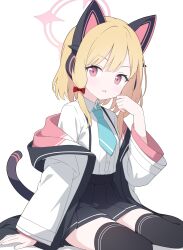 Rule 34 | 1girl, absurdres, animal ear headphones, animal ears, black skirt, black thighhighs, blonde hair, blue archive, blue necktie, bow, cat tail, chinese commentary, collared shirt, commentary request, fake animal ears, hair bow, halo, headphones, highres, jacket, jyt, looking at viewer, momoi (blue archive), necktie, open mouth, pink halo, pleated skirt, red bow, red eyes, shirt, short hair, simple background, skirt, solo, tail, thighhighs, two-sided fabric, two-sided jacket, white background, white jacket, white shirt