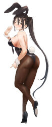 Rule 34 | 1girl, absurdres, animal ears, ass, bare shoulders, between breasts, black hair, black leotard, blush, breasts, brown eyes, brown hair, brown pantyhose, full body, high heels, highres, kantai collection, large breasts, leotard, long hair, nachi (kancolle), necktie, necktie between breasts, pantyhose, playboy bunny, ponytail, rabbit ears, side ponytail, sideboob, smile, solo, strapless, strapless leotard, toka (marchlizard), very long hair, white background