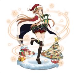 Rule 34 | 1girl, :d, asuna (sao), black footwear, boots, box, breasts, brown eyes, brown hair, cape, christmas, cleavage, floating hair, full body, fur trim, gift, gift box, hat, holding, holding box, leg up, long hair, looking at viewer, medium breasts, open mouth, red cape, red hat, red shorts, santa hat, short shorts, shorts, smile, snow, solo, standing, standing on one leg, sword art online, thigh boots, thighhighs, very long hair
