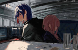 Rule 34 | 2girls, back-to-back, black jacket, blue eyes, blue hair, booth seating, closed eyes, closed mouth, colored inner hair, drink, from side, hair over shoulder, highres, indoors, isshiki (ffmania7), jacket, kaf (kamitsubaki studio), kamitsubaki studio, leaning on person, long hair, looking back, medium hair, multicolored eyes, multicolored hair, multiple girls, pink hair, profile, red eyes, red hair, restaurant, rim (kamitsubaki studio), sidelocks, sitting, smile, table, virtual youtuber, yellow pupils