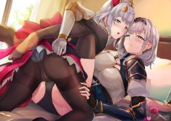 Rule 34 | 2girls, armor, armored dress, artist name, ass, bed, blush, breast press, breasts, cameltoe, clothes lift, crossover, from behind, gauntlets, genshin impact, girl on top, green eyes, headdress, highres, hiroki ree, hololive, large breasts, look-alike, looking at viewer, looking back, maid, maid headdress, medium breasts, multiple girls, name connection, noelle (genshin impact), open mouth, panties, panties under pantyhose, pantyhose, shirogane noel, shirogane noel (1st costume), short hair, sideboob, silver hair, smile, thighhighs, tribadism, tribadism through clothes, underwear, virtual youtuber