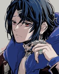 Rule 34 | 1boy, alcryst (fire emblem), blue hair, choker, closed mouth, earrings, fire emblem, fire emblem engage, hair between eyes, hair ornament, hairclip, highres, hood, hoodie, jewelry, looking at viewer, nintendo, piercing, pout, red eyes, ring, short hair, solo, umi ( oneinchswing)